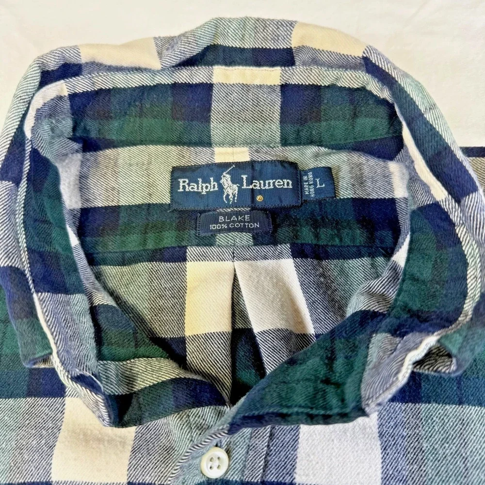 Vintage‎ Ralph Lauren Blake Shirt Green Blue Tartan Plaid Flannel Men's Size L